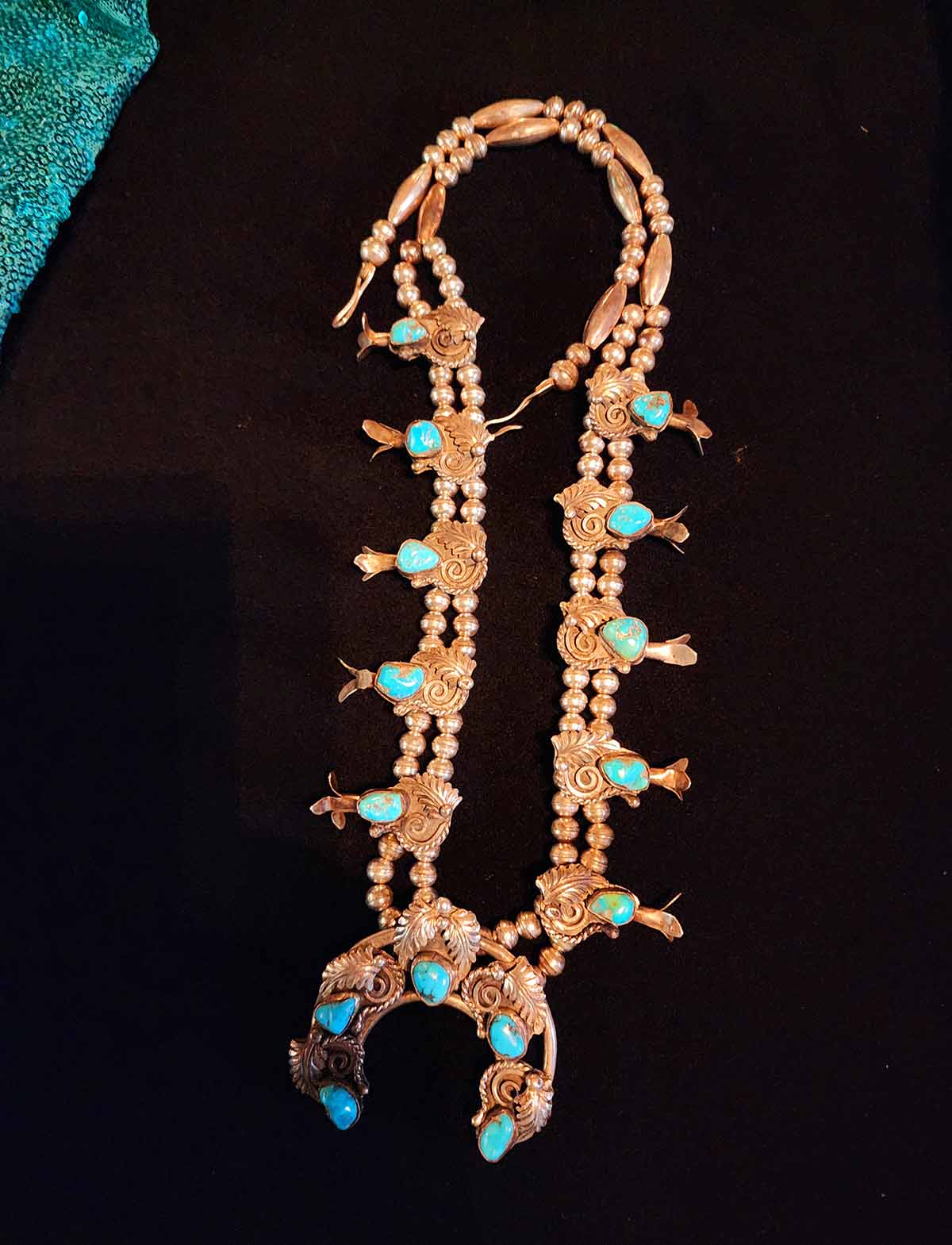 Vintage Navajo Turquoise Sterling Silver Squash Blossom Necklace Stamped by Navajo Artisan Jack Ahasteen