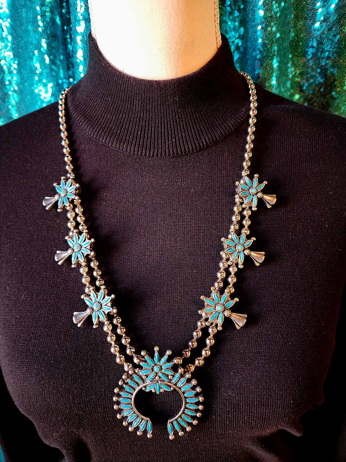 Navajo Laiwakete Zuni Pewter Turquoise Needlepoint Squash Blossom Necklace