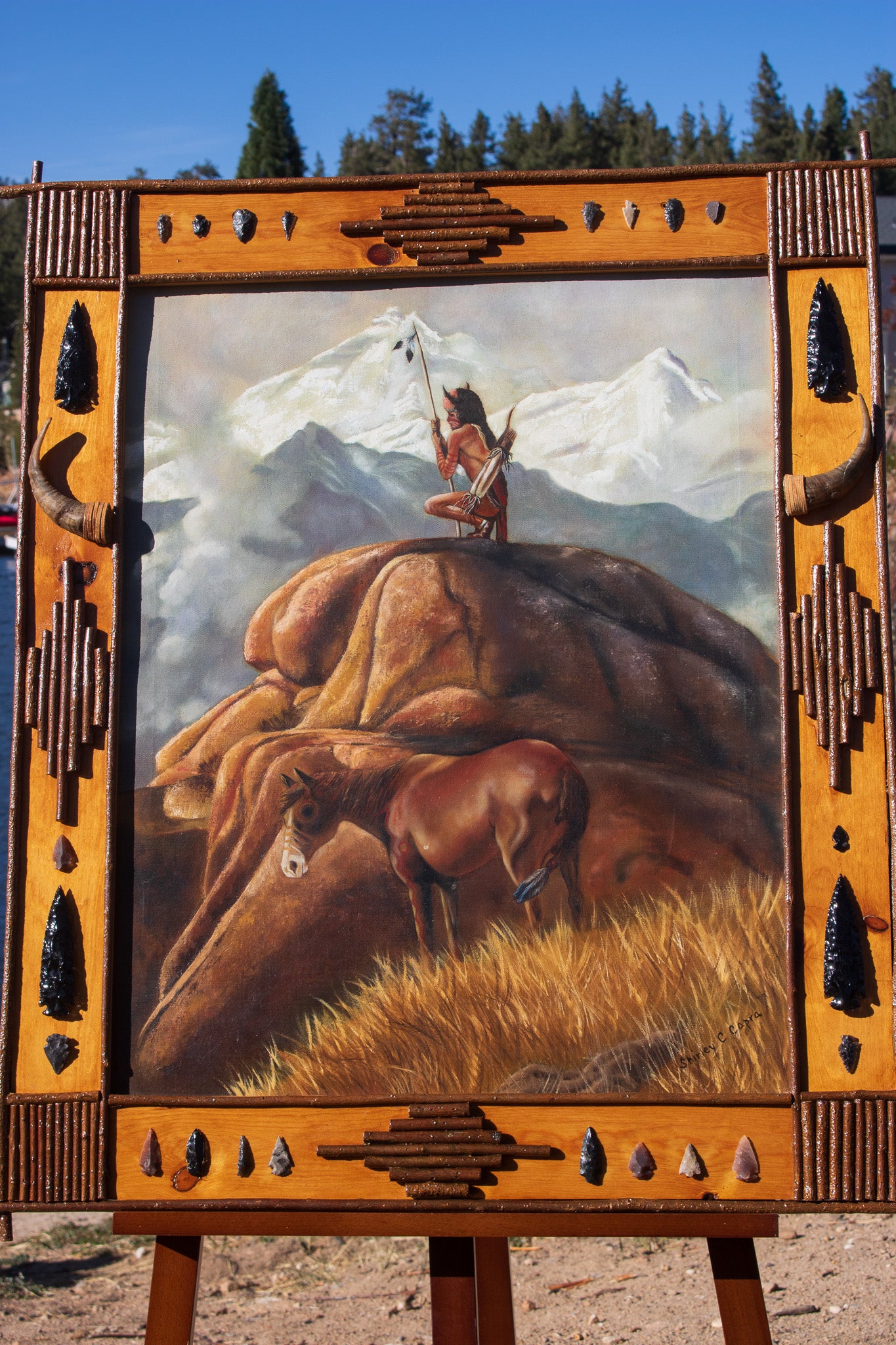 "Indian Gazing Upon a Boulder" Original Oil on Canvas by Shirley C. Capra