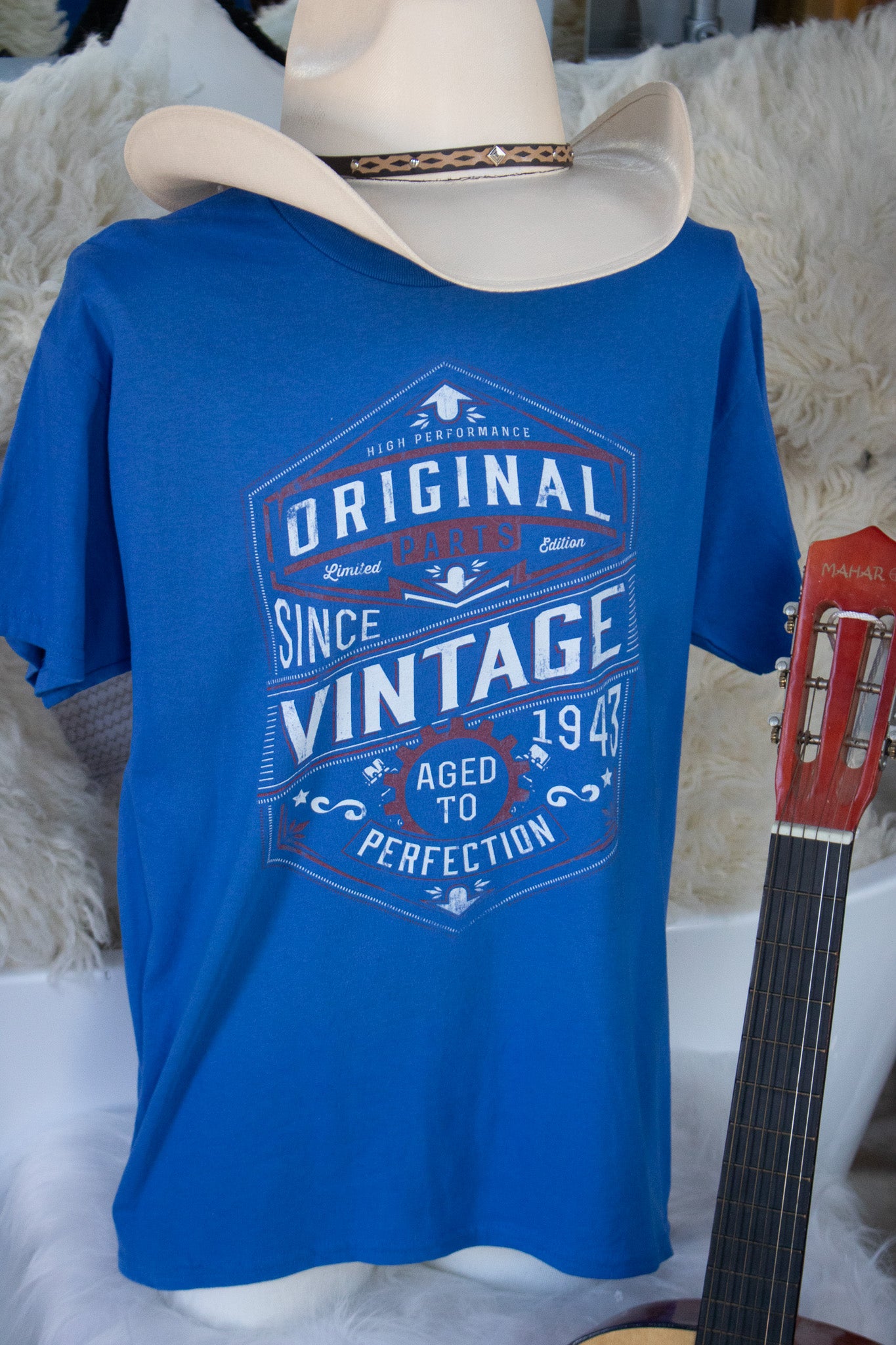"Aged to Perfection" Vintage Style Blue Tee