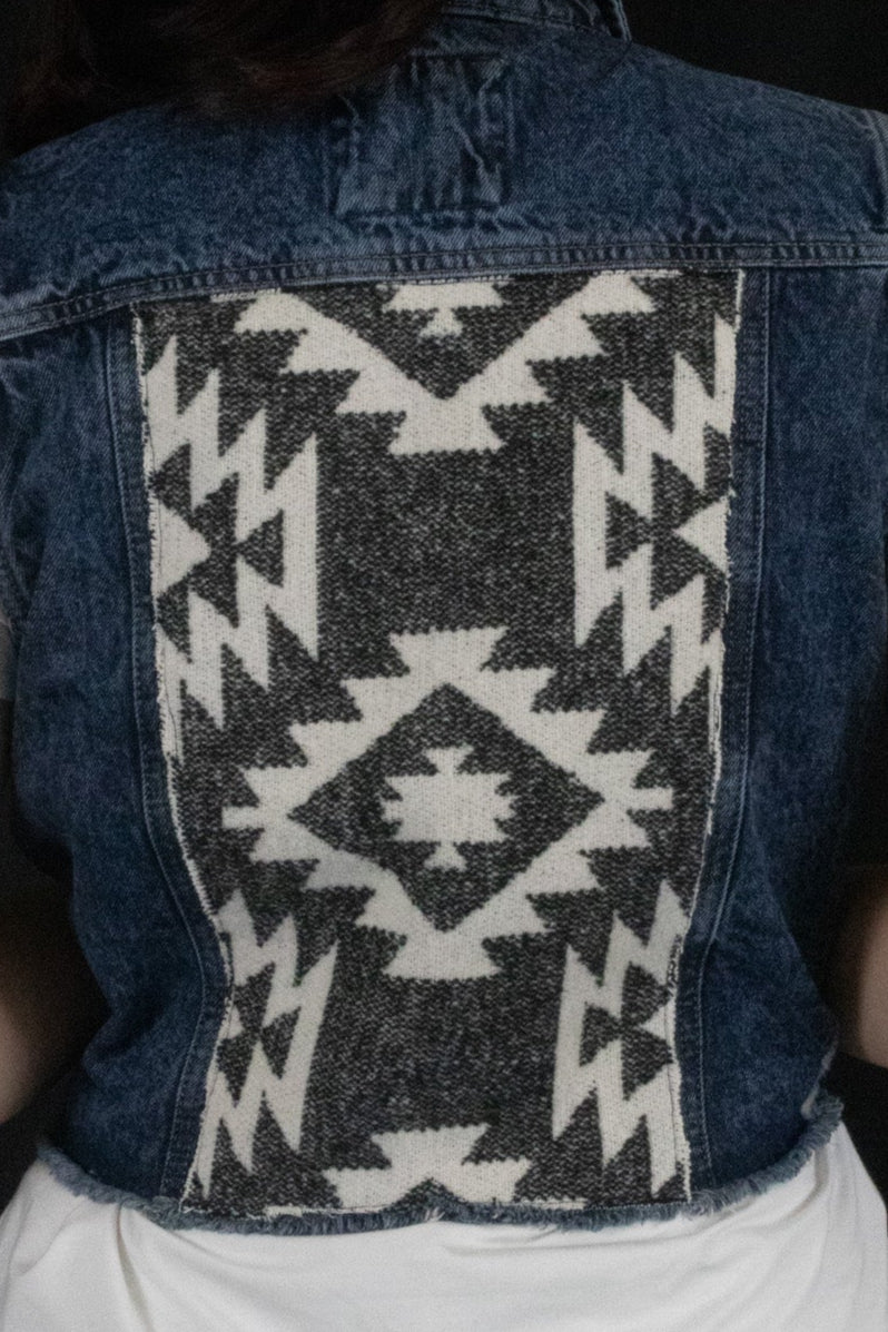 American Original Rewash Custom Black and White Pendleton Wool Accent  Repurposed Denim Vest