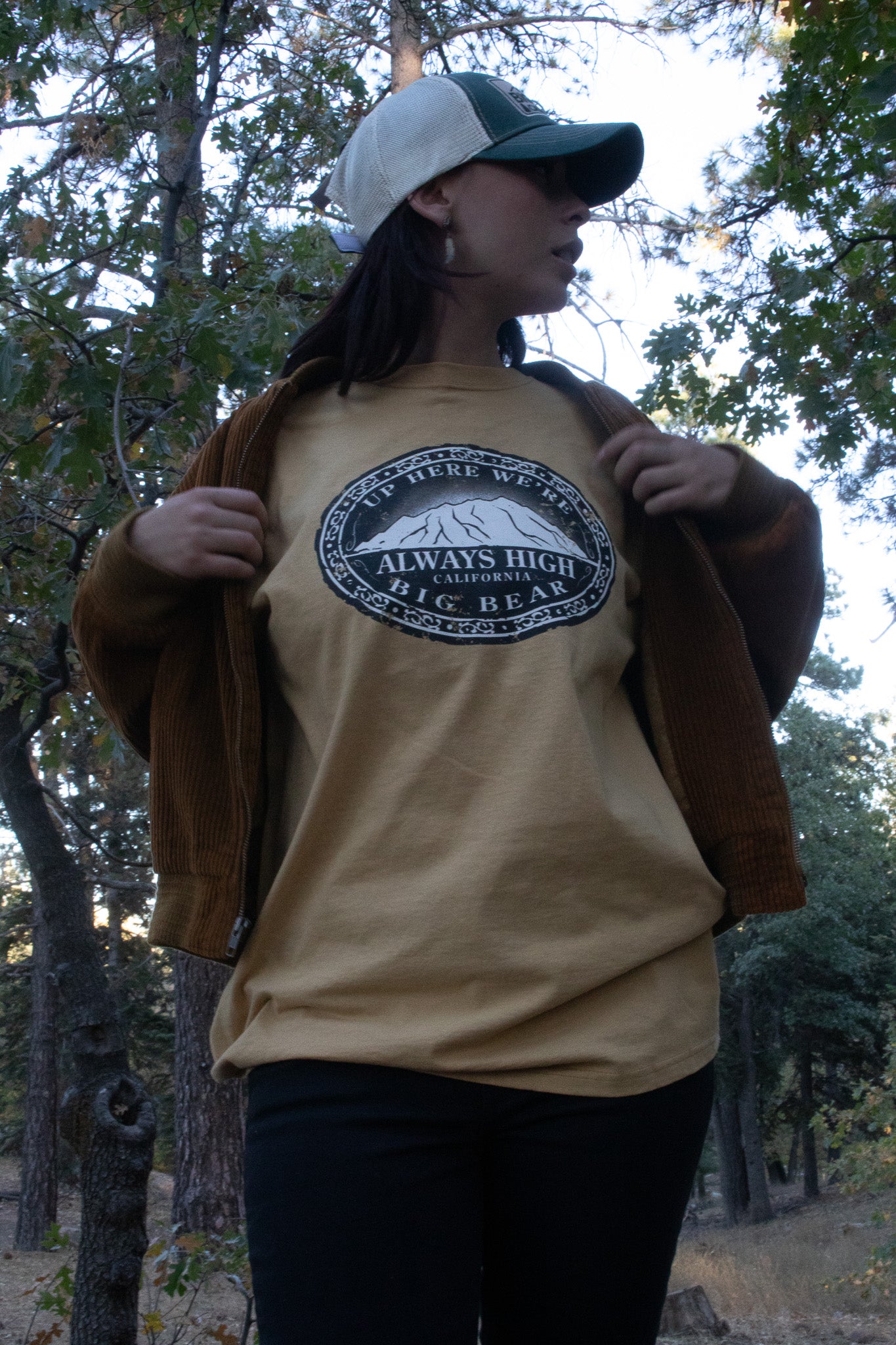 "Always High in Big Bear" Mustard Yellow T-Shirt with Mountain Artwork Size Large