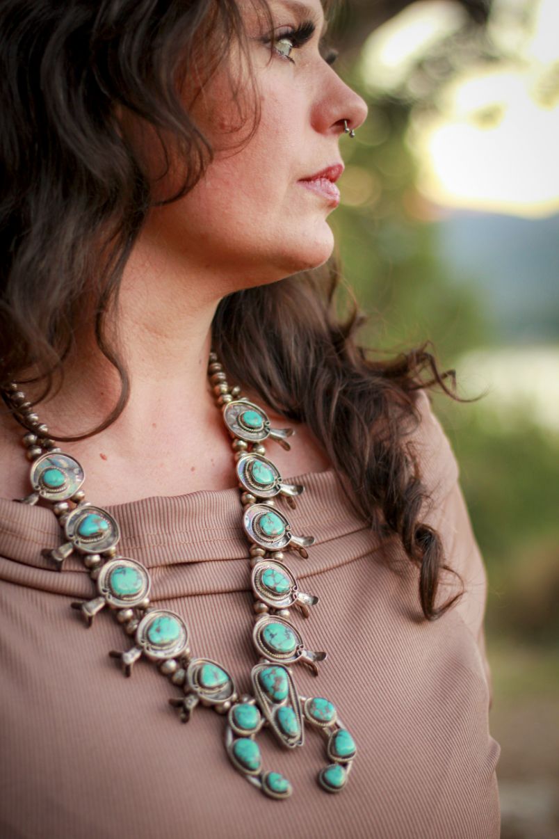 Vintage Navajo Turquoise Sterling Silver Squash Blossom Necklace