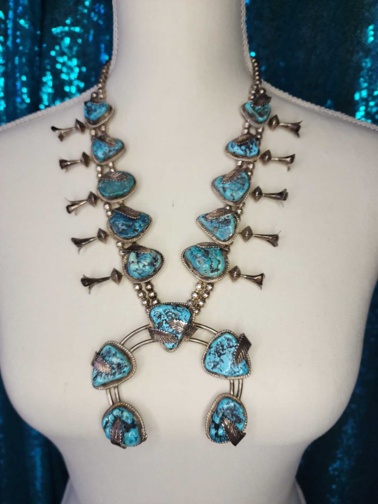 Vintage Navajo Turquoise Squash Blossom Necklace with Silver Leaf Detail
