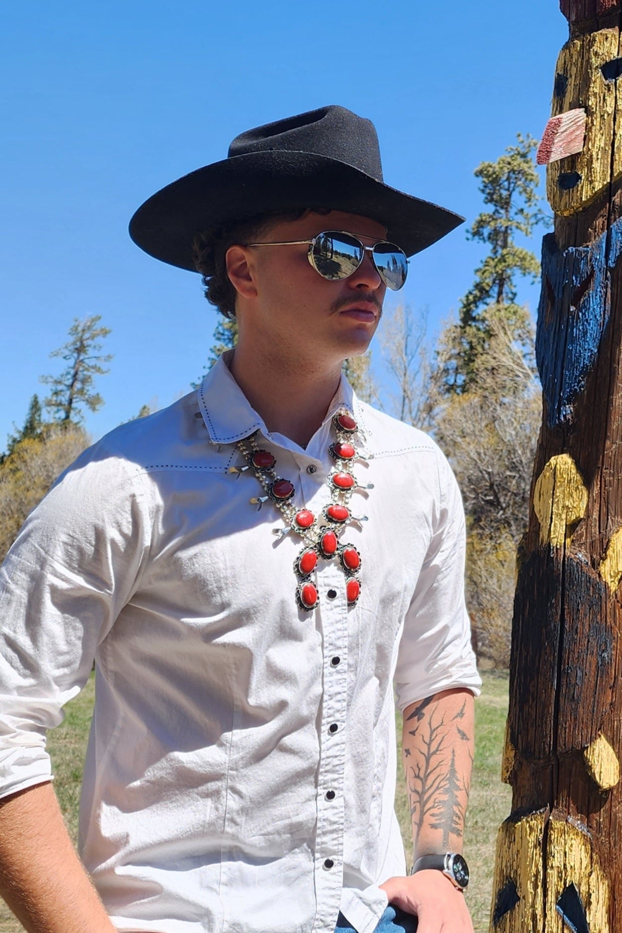 Navajo Pewter Coral Squash Blossom Necklace Handmade by Navajo Silversmith Jackie Cleveland.