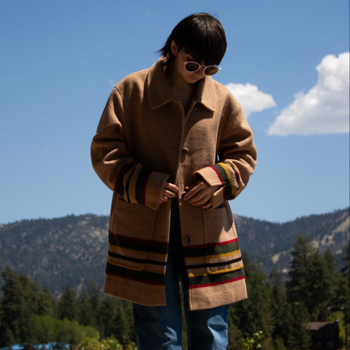 Pendleton Women's Wool Topper Coat Size Large Camel Striped