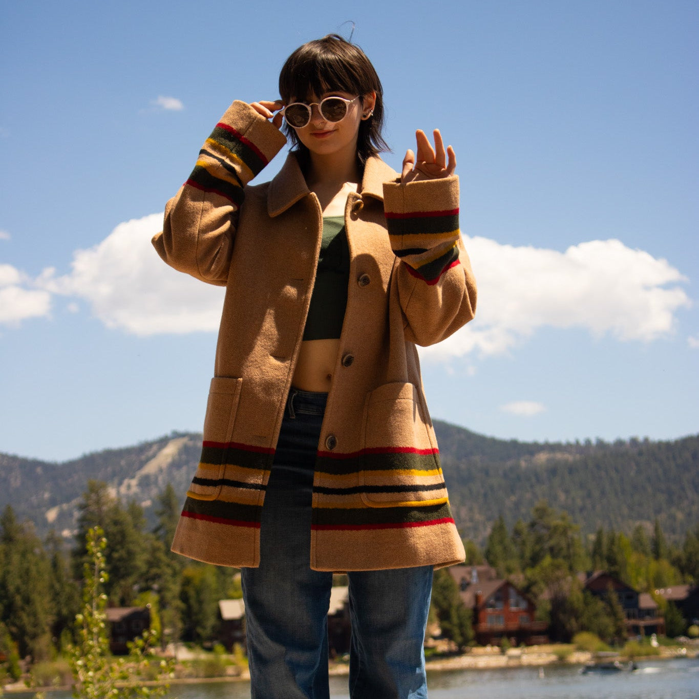 Pendleton Women's Wool Topper Coat Size Large Camel Striped