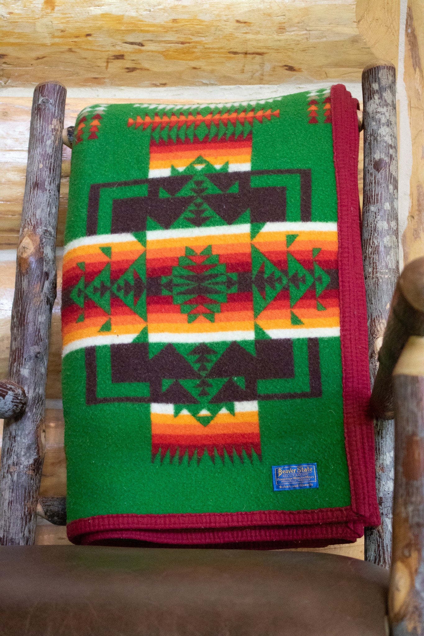 Vintage Beaver State Chief Joseph Green Pendleton Navajo Native American Wool Blanket 74 x 58