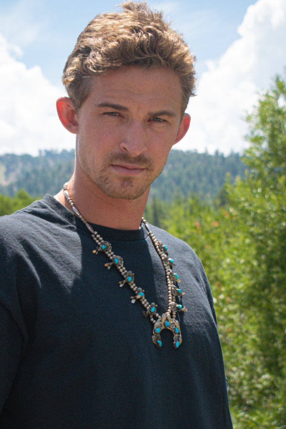 Vintage Navajo Turquoise Sterling Silver Squash Blossom Necklace Stamped by Navajo Artisan Jack Ahasteen