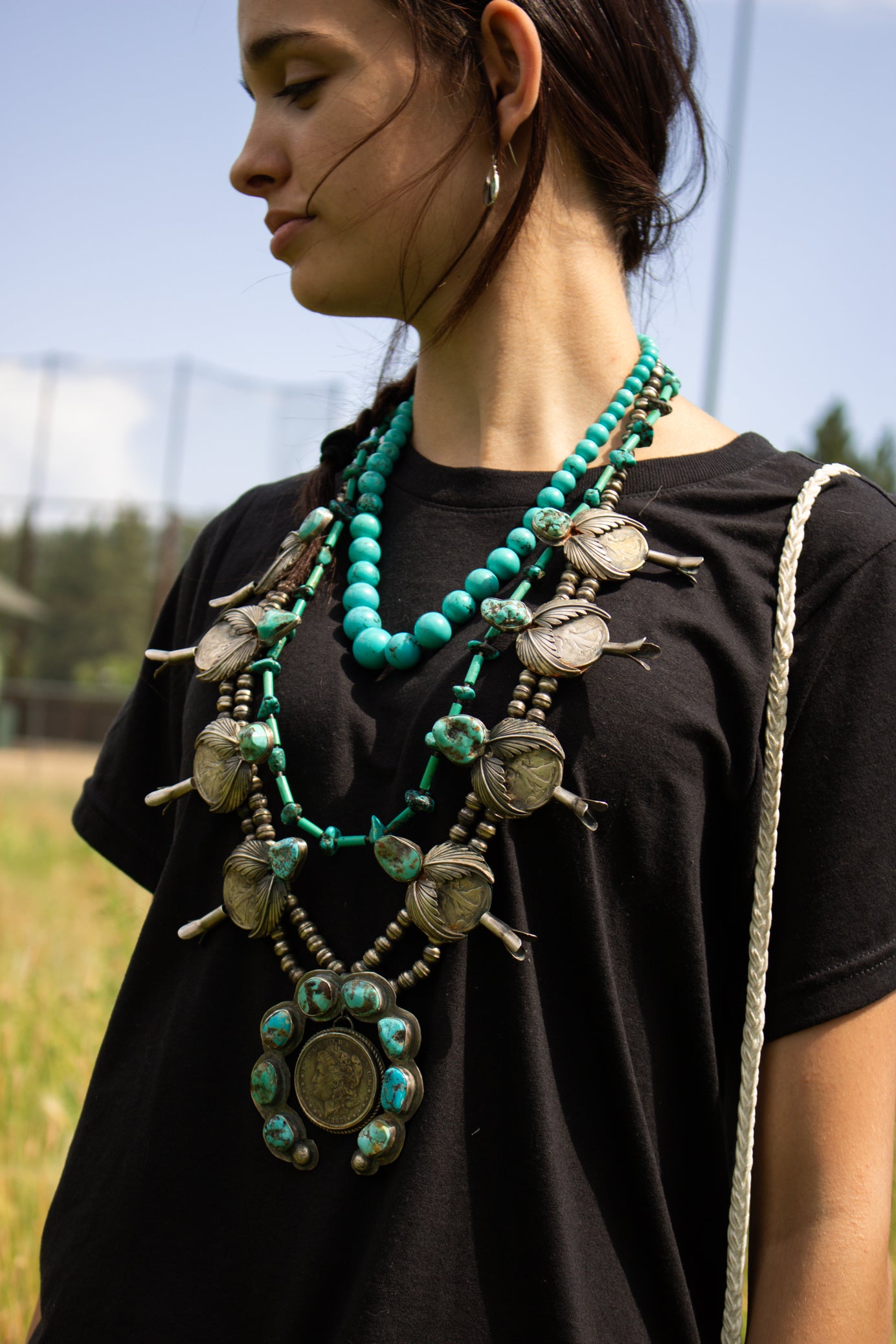 Vintage Native American Navajo Turquoise Sterling Silver Squash Blossom Necklace