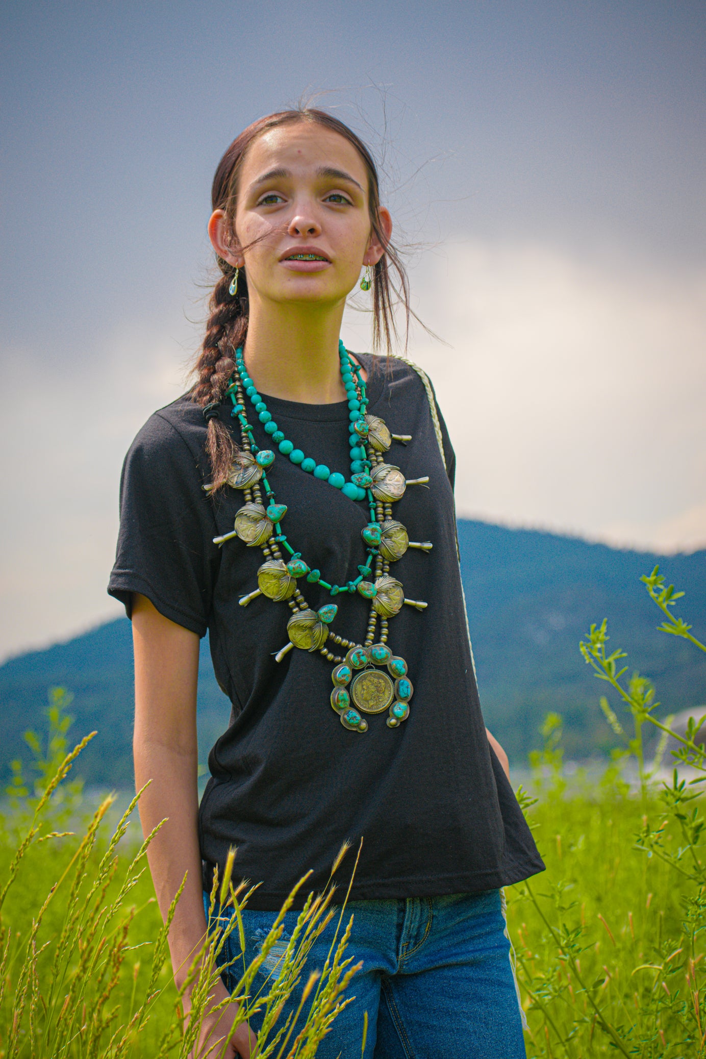 Vintage Native American Navajo Turquoise Sterling Silver Squash Blossom Necklace