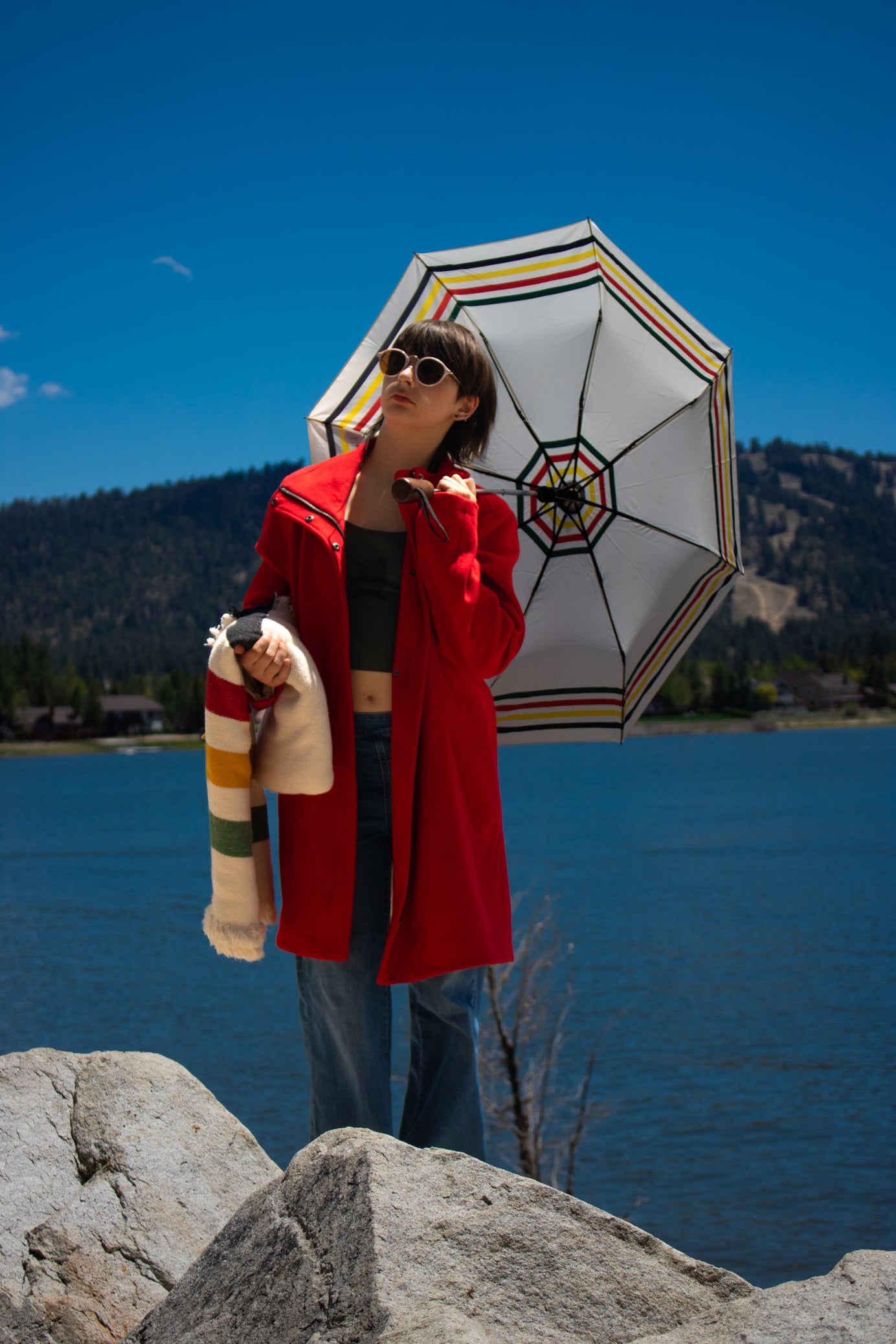 Pendleton National Park Cascade Campbell Women's Wool Red Coat with Glacier Stripe Linner
