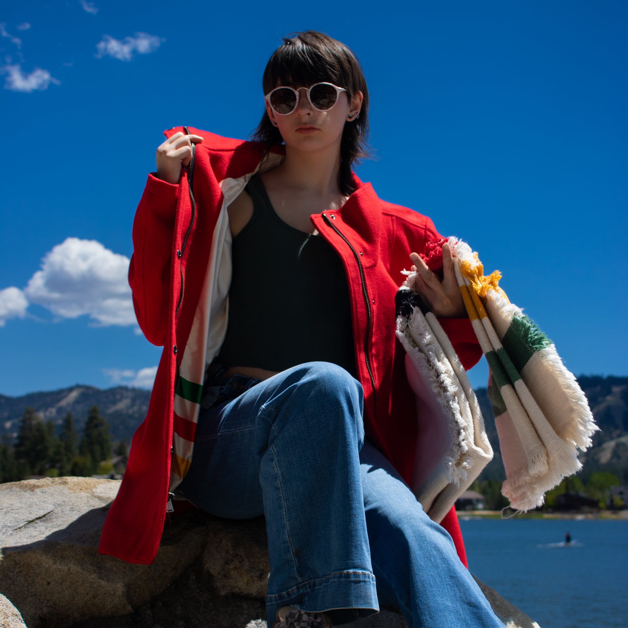 Pendleton National Park Cascade Campbell Women's Wool Red Coat with Glacier Stripe Linner