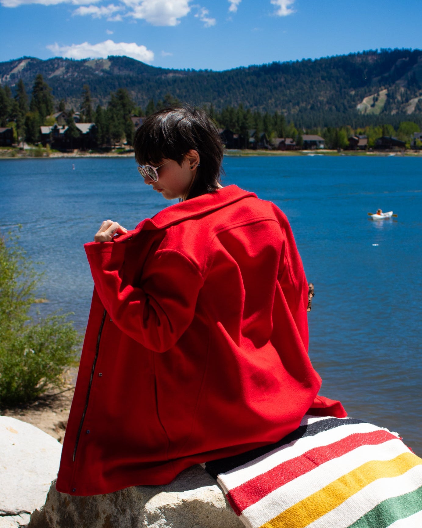 Pendleton National Park Cascade Campbell Women's Wool Red Coat with Glacier Stripe Linner