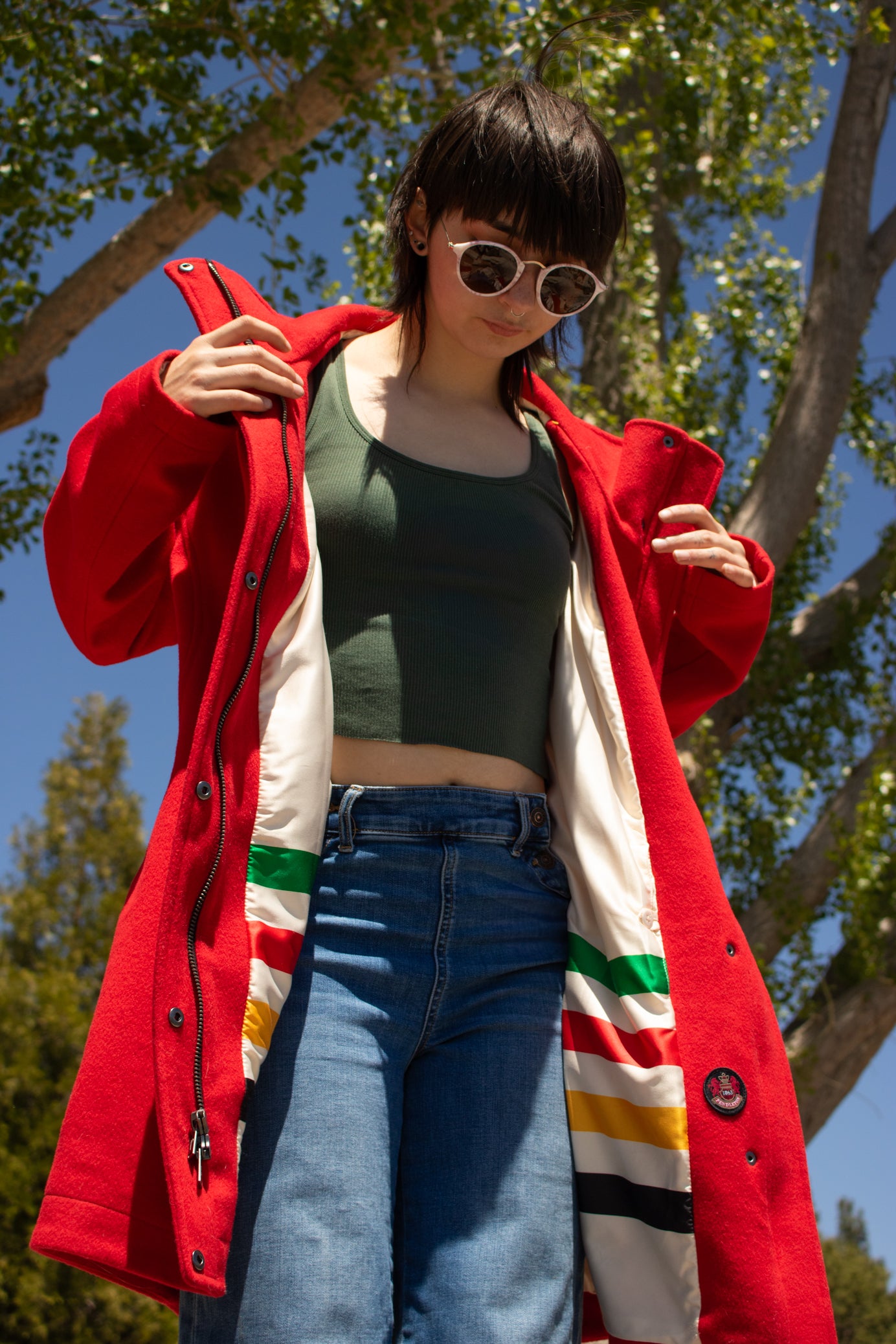 Pendleton National Park Cascade Campbell Women's Wool Red Coat with Glacier Stripe Linner