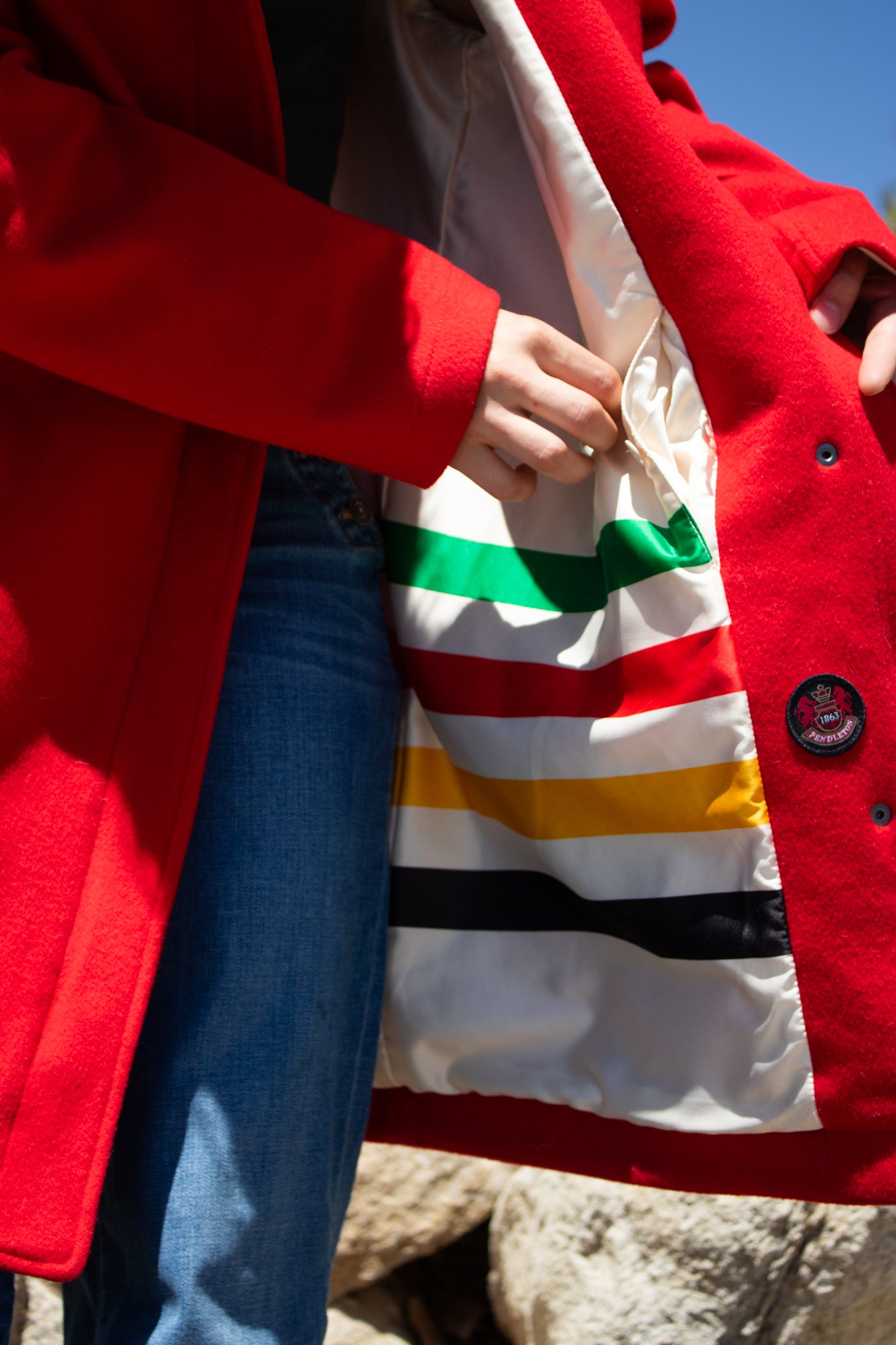 Pendleton National Park Cascade Campbell Women's Wool Red Coat with Glacier Stripe Linner